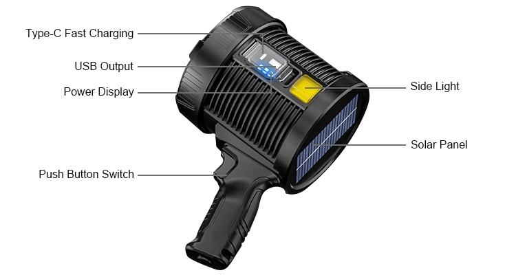 Hairdryer-shaped solar energy flashlight appearance description