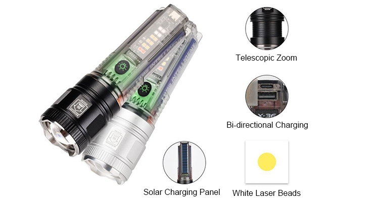 White laser waterproof solar flashlight function introductions